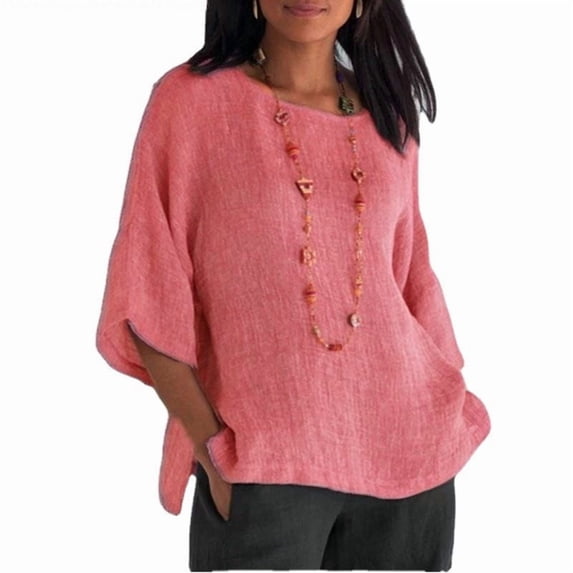 Fashion Women's Three-Quarter Sleeve Round Neck Cotton Linen Shirt Top