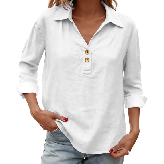 Women's Summer Cotton Linen Blouse Trendy 3/4 Sleeve V Neck Button Casual Loose Embroidered Tops Outfits