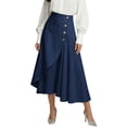 thumbnail image 1 of Women's Summer Cotton Linen Button Front Elastic High Waist Swing A Line Midi Skirt for Work Dark Blue, 1 of 6