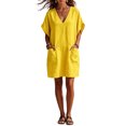 thumbnail image 1 of Women's Summer Cotton Linen Dress with Pockets, Casual V Neck Batwing Sleeve Mini Dress, Loose Fit Breathable Tunic Sundress, 1 of 4