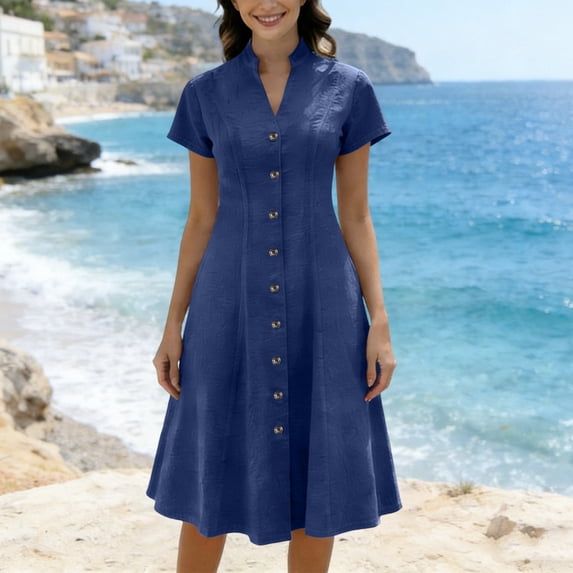 Women's Summer Cotton Linen Dresses Plus Size V Neck Sleeveless Button Down A Linen Midi Dress Casual Solid Loose Fits Comfy Beach Vacation Dresses