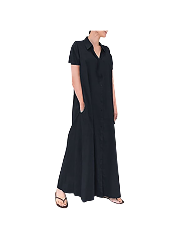 Women's Summer Cotton Linen Dresses Short Sleeve Tunic Shirt Dress Casual Loose Midi Dresses 2023 Summer Boho High Waist Beach Long Dresses
