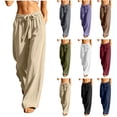 thumbnail image 1 of Women's Summer Cotton‑Linen Harem Pants Solid‑Color Drawstring Elastic Waist Loose Casual Long Trousers with Side Pockets Khaki XL(XL), 1 of 6