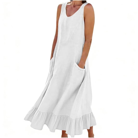 Women's Summer Cotton Linen Long Dresses Sleeveless Elegant A Line Flowy Swing Maxi Dress Plus Size Comfy Dress with Pockets