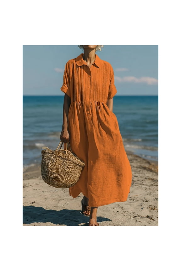 Women's Summer Cotton Linen Maxi Dresses Plus Size Lapel Button Down Boho Dresses Casual Solid Oversized Loose Comfy Beach Vacation Long Sundress Dress