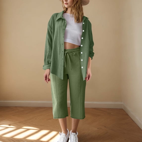 Women's Summer Cotton Linen Outfits 2 Piece Casual Travel Set Long Sleeve Button Shirt and Black High Waist Capris Pants, Lightweight Breathable Summer Beach Wear Green M