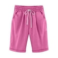 thumbnail image 1 of Women's Summer Cotton Linen Pants Casual Drawstring Elastic Waist Running Workout Knee Length Shorts with Pocket, 1 of 6