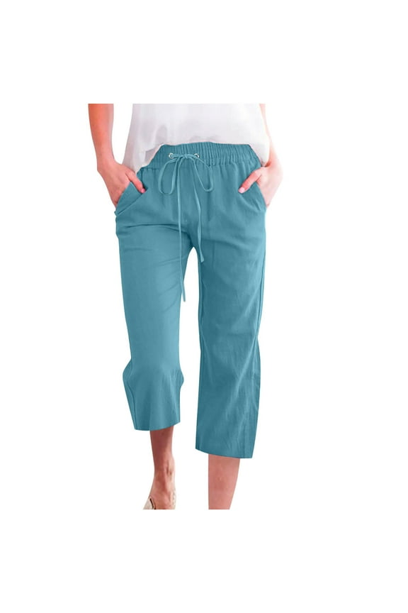 Women's Summer Cotton Linen Pants Lightweight Casual Capris Golf Pants Outdoor Casual Cropped Pants with Drawstring