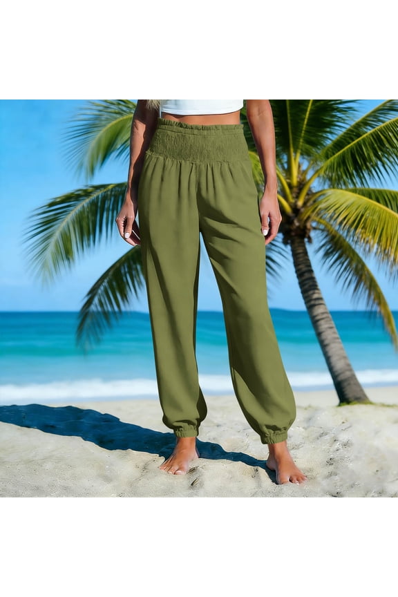 Women's Summer Cotton Linen Pants Loose Elastic Waist Tapered Leg Pants Womens Casual Solid Plus Size Lightweight Breathable Comfy Pant Relaxed Fits Vacation Beach Trouses