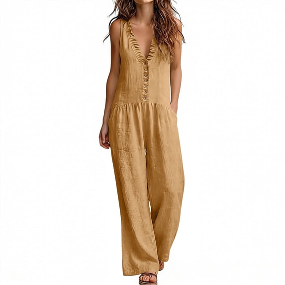Women's Summer Cotton‑Linen Ruffle V‑Neck Sleeveless Wide‑Leg Jumpsuit Solid‑Color Casual One‑Piece Long Pants with Side Pockets Brown L(L)