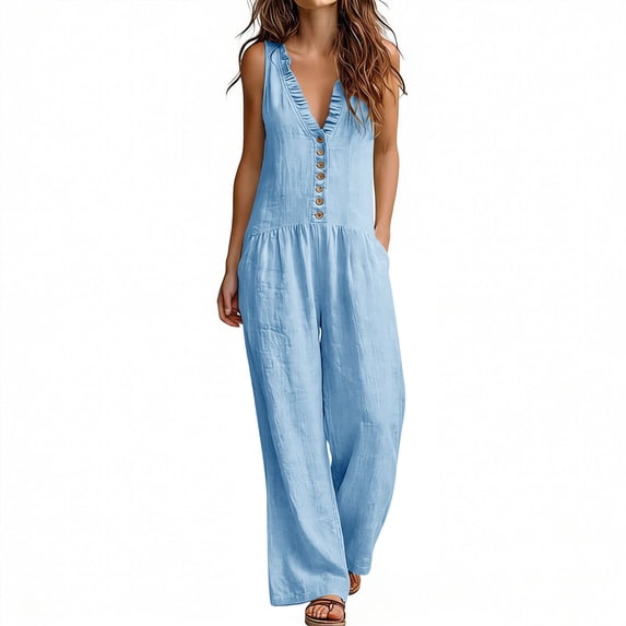 Women's Summer Cotton‑Linen Ruffle V‑Neck Sleeveless Wide‑Leg Jumpsuit Solid‑Color Casual One‑Piece Long Pants with Side Pockets Light Blue XXL