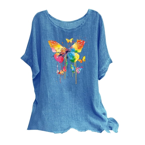 Women's Summer Cotton Linen Shirt Vintage Boho Short Sleeve Gauze Tunic Tops Casual Comfy Round Neck Blouse