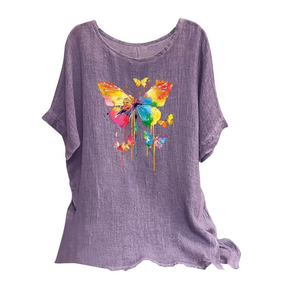 Women's Summer Cotton Linen Shirt Vintage Boho Short Sleeve Gauze Tunic Tops Casual Comfy Round Neck Blouse