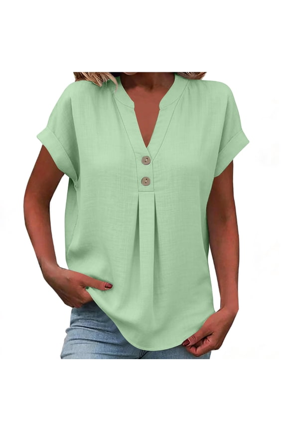 Women's Summer Cotton Linen Shirts Tops Oversized V Neck Button Short Sleeve T Shirt Casual Solid Plus Size Loose Breathable Beach Vacation Boho TShirt