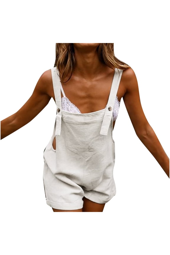 Women's Summer Cotton Linen Short Overalls Casual Bib Overall Shorts Shortalls Rompers Jumpsuits with Pockets