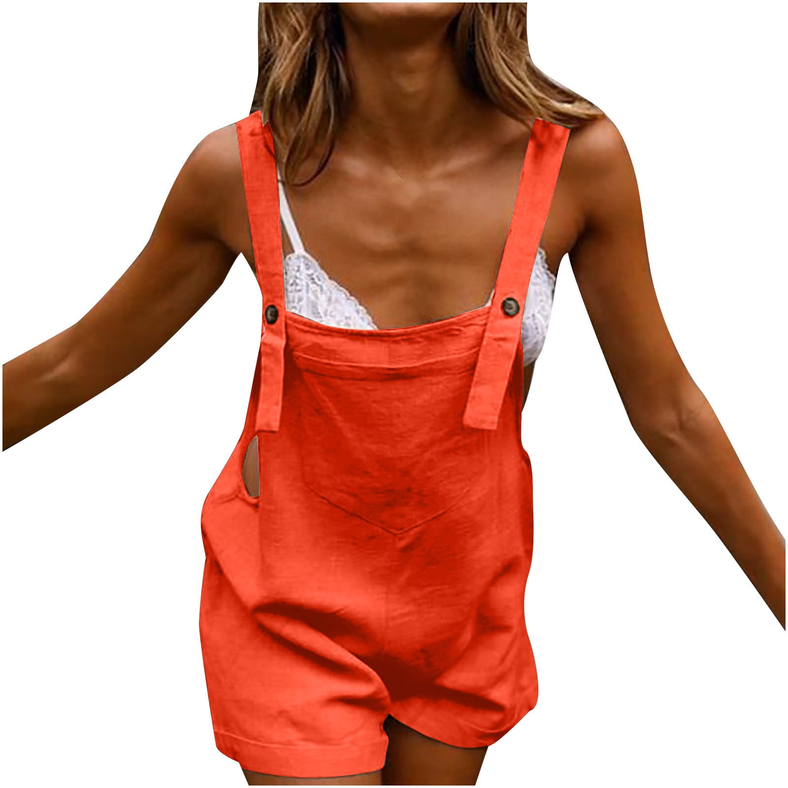 Women's Summer Cotton Linen Short Overalls Casual Bib Overall Shorts