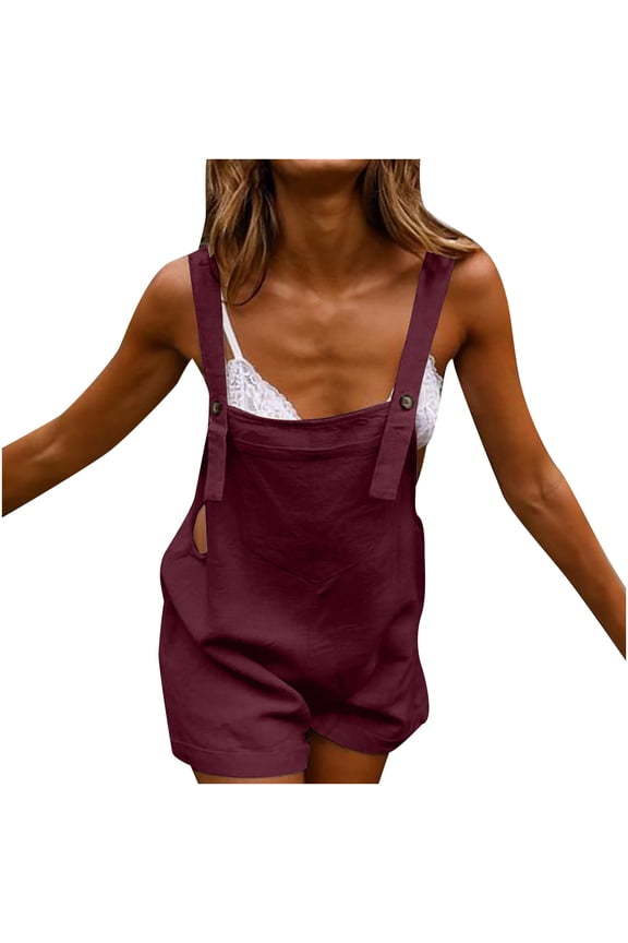 Women's Summer Cotton Linen Short Overalls Casual Bib Overall Shorts Shortalls Rompers Jumpsuits with Pockets