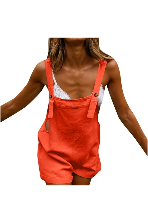 Women's Summer Cotton Linen Short Overalls Casual Bib Overall Shorts Shortalls Rompers Jumpsuits with Pockets
