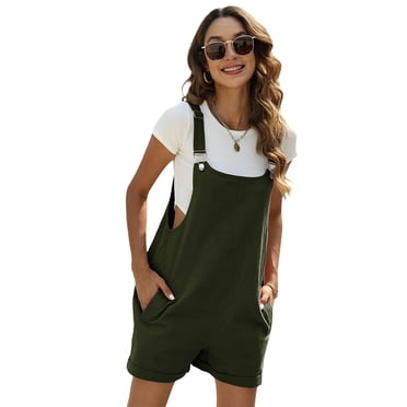 Women's Summer Cotton Linen Short Overalls Casual Bib Shortalls Rompers with Pockets