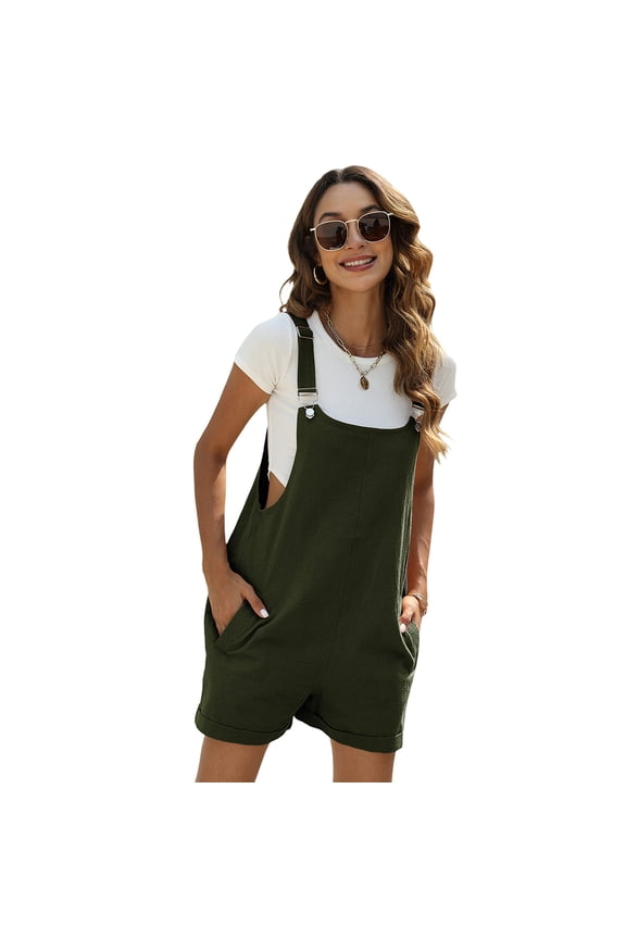 Women's Summer Cotton Linen Short Overalls Casual Bib Shortalls Rompers with Pockets