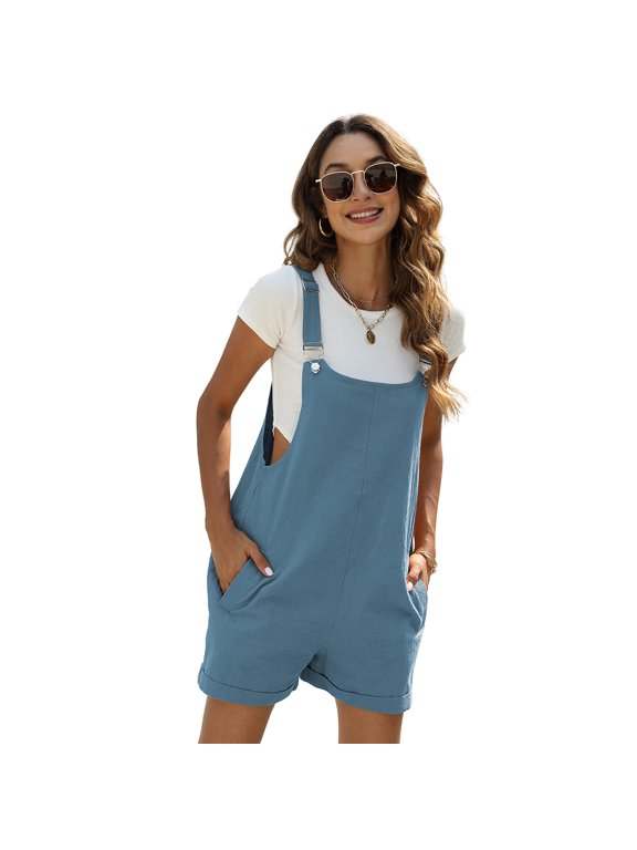 Women's Summer Cotton Linen Short Overalls Casual Bib Shortalls Rompers with Pockets