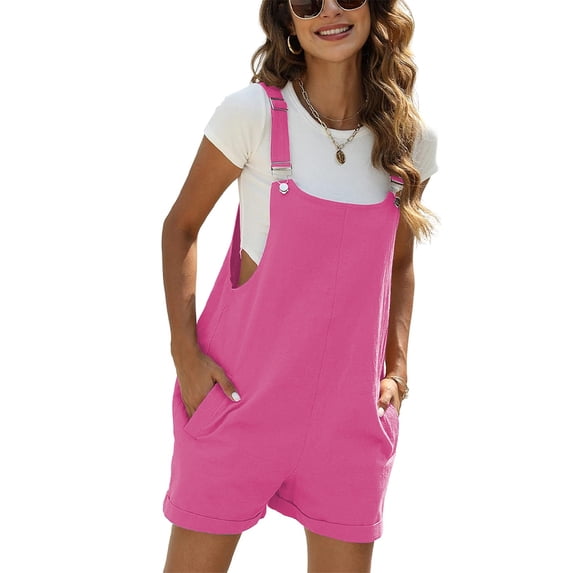 Women's Summer Cotton Linen Short Overalls Casual Bib Shortalls Rompers with Pockets