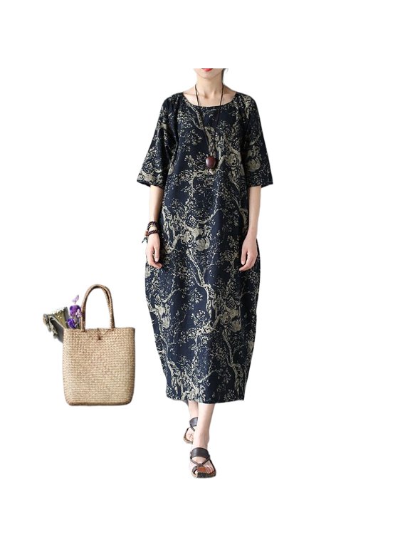 Women's Summer Cotton Linen Short Sleeve Cheongsam, Blue Printed Cheongsam Loose Dresses One Size