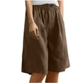 thumbnail image 1 of Women's Summer Cotton Linen Shorts, Loose Fitting Bermuda Shorts, Elastic Waist Knee Length Baggy Shorts, Beach Vocation Short Pants with Pocket Brown XXL, 1 of 9