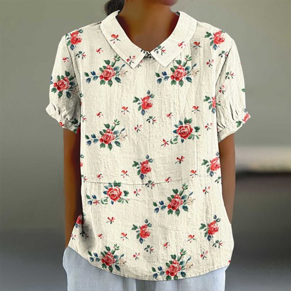 Women's Summer Cotton and Linen Thin Breathable Tops Loose Plus Size Short Sleeve Lapel T Shirt Summer (Z3-White, M), Limited Time Offer, Under 10 Dollars