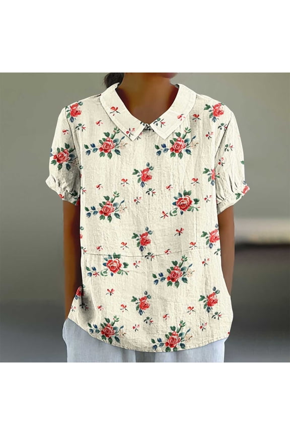 Women's Summer Cotton and Linen Thin Breathable Tops Loose Plus Size Short Sleeve Lapel T Shirt Summer (Z3-White, M), Limited Time Offer, Under 10 Dollars
