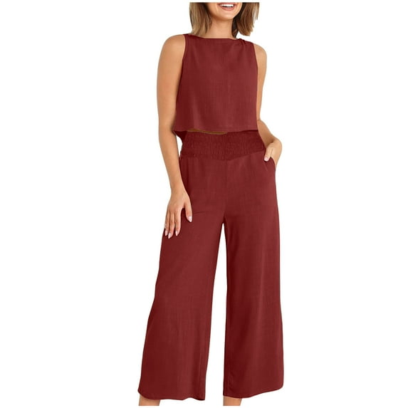 Women's Summer Cotton Linen Two Piece Casual Sets Sleeveless Tank Tops with High Waist Wide Leg Palazzo Pants Solid Loungewear Wine,XL