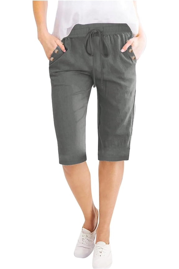 Women's Summer Cotton Shorts Loose Fit Elastic Waist Knee Length Cosy Solid Color Shorts Casual Beach Shorts with Pockets