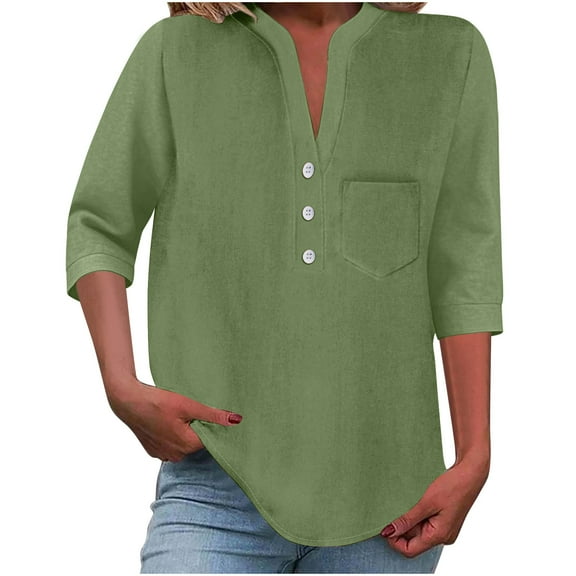 Women's Summer Cotton Tops Half Sleeve V Neck T Shirt Button Decoration Solid Casual Loose Blouse with Pocket Army Green Womens Tops
