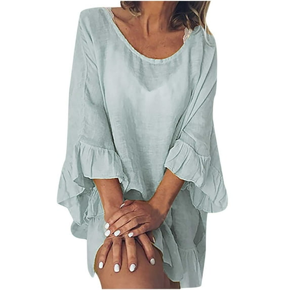 Women's Summer Covers Up Dress Solid Color Round Neck Ruffle 3/4 Sleeve Casual Loose Flowy Light Mini Dress for Women