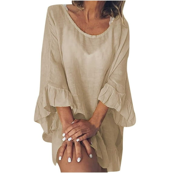Women's Summer Covers Up Dress Solid Color Round Neck Ruffle 3/4 Sleeve Casual Loose Flowy Light Mini Dress for Women
