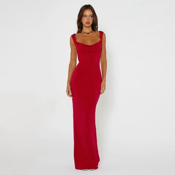 Women's Summer Cowl Neck Mesh Sleeveless Tank Dress Sexy Double Lined Bodycon Maxi Long Dresses