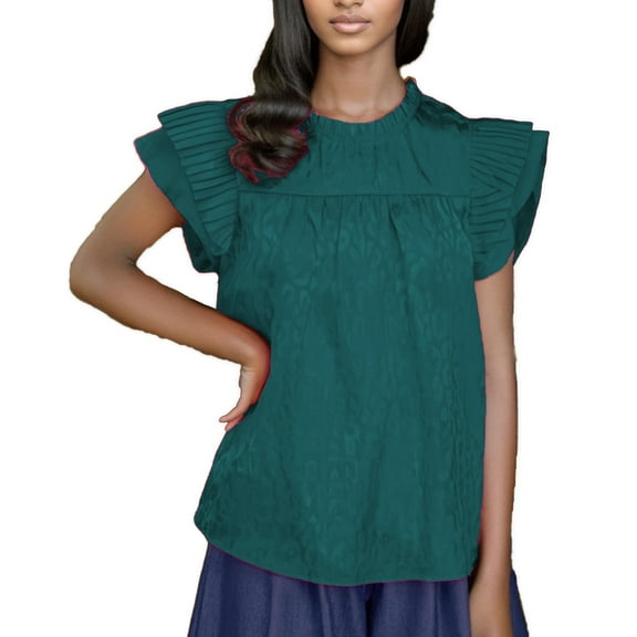 Women's Summer Crewneck Leopard Print Shirts with Double Ruffle Sleeves, Loose Fit