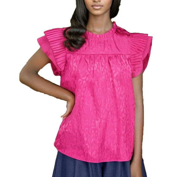 Women's Summer Crewneck Leopard Print Shirts with Double Ruffle Sleeves, Loose Fit