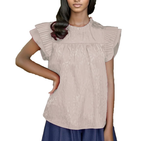 Women's Summer Crewneck Leopard Print Shirts with Double Ruffle Sleeves, Loose Fit