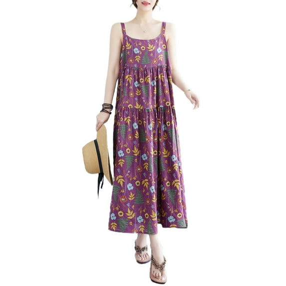 Women's Summer Crewneck Sleeveless Maxi Length Floral Printed Dress GA2668 Purple
