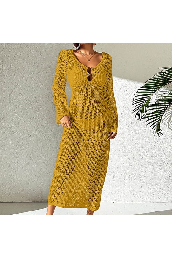 Women's Summer Crochet Swimsuit Cover-up,Boho Long Sleeve Hollow Out Maxi Beach Dress,Beach Vacation 2026