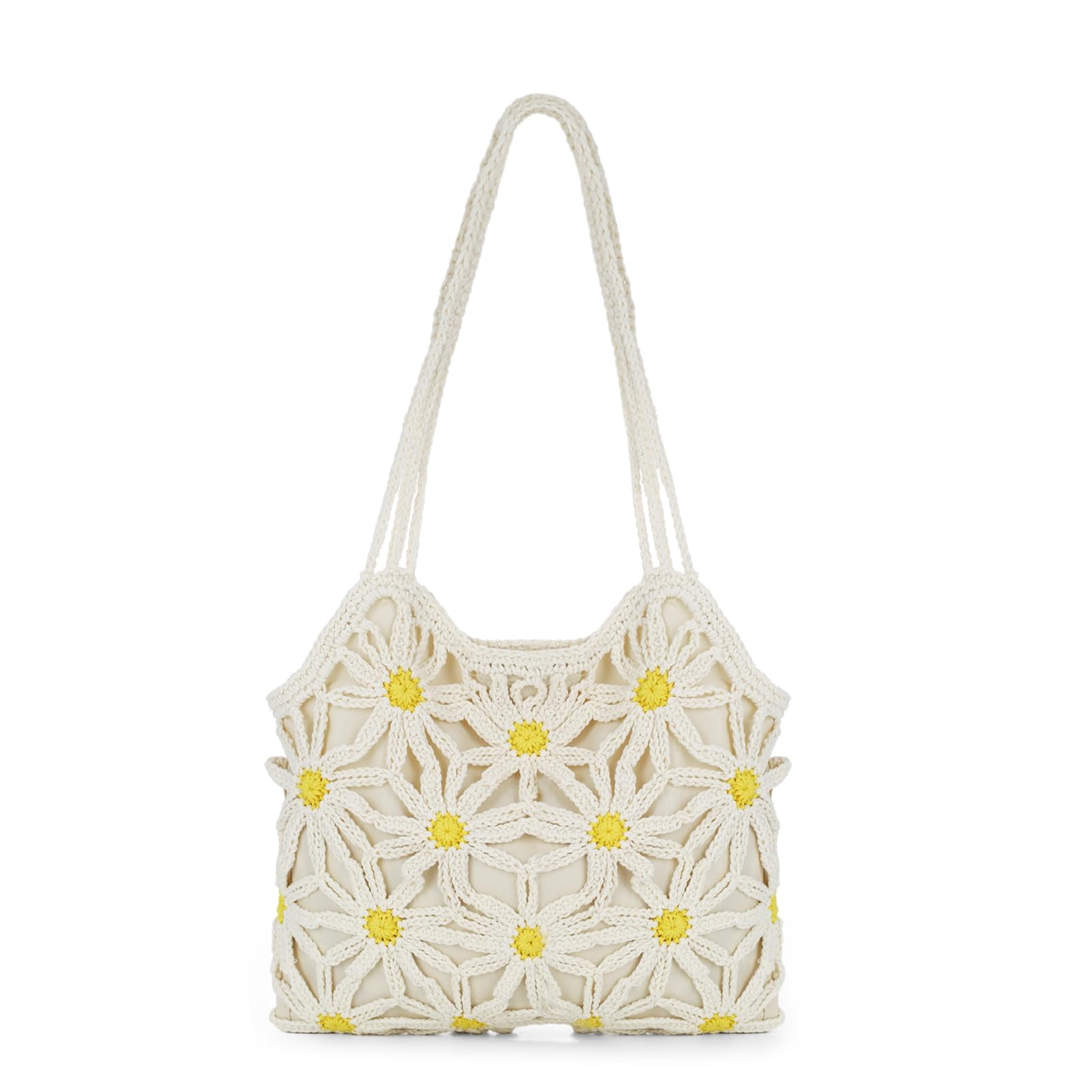 Women's Summer Crocheted Beach Tote Bag, Mesh Floral Knit Shoulder Bag