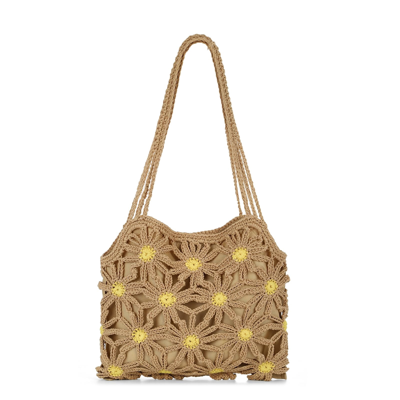 Women's Summer Crocheted Beach Tote Bag, Mesh Floral Knit Shoulder Bag