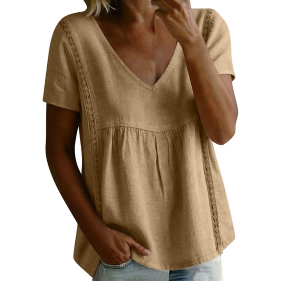 Women's Summer Crop Babydoll Peplum Tops Cute V Neck Short Sleeve Business Casual Trendy T Shirts Beach Vacation Coffee