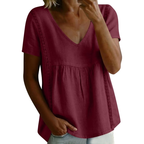 Women's Summer Crop Babydoll Peplum Tops Cute V Neck Short Sleeve Business Casual Trendy T Shirts Beach Vacation Hot Pink