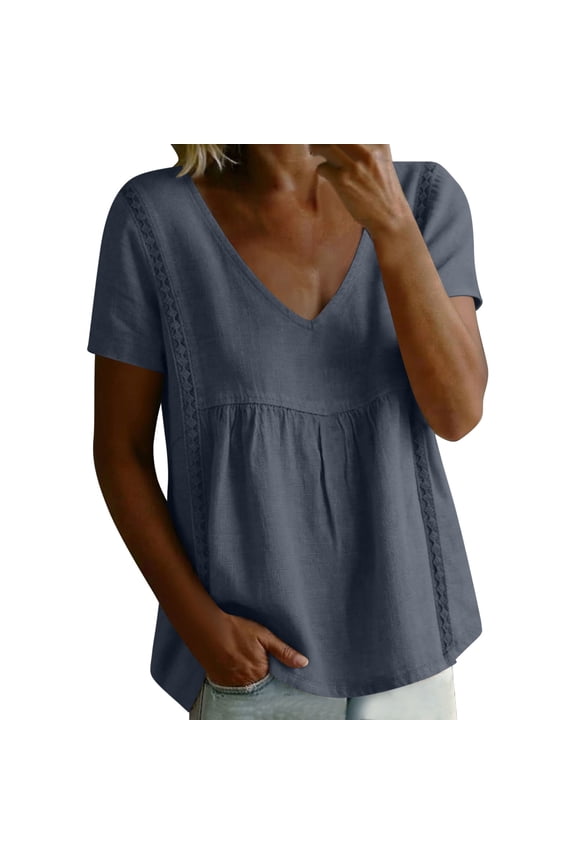Women's Summer Crop Babydoll Peplum Tops Cute V Neck Short Sleeve Business Casual Trendy T Shirts Beach Vacation Navy