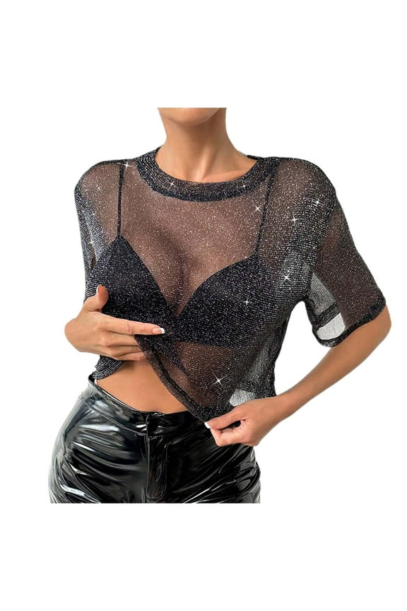 Women's Summer Crop Top Camisole Shimmering Mesh Metallic Threads Stylish Layering T-Shirt Fashionable Casual Tee