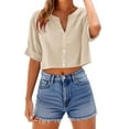 thumbnail image 1 of Women's Summer Crop Tops Casual V Neck Button Down Shirts Roll Up Short Sleeve Trendy Blouses, 1 of 3