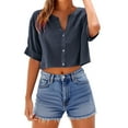 thumbnail image 1 of Women's Summer Crop Tops Casual V Neck Button Down Shirts Roll Up Short Sleeve Trendy Blouses, 1 of 3