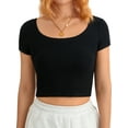 thumbnail image 1 of Women's Summer Crop Tops, Short Sleeve Scoop Neck Solid Color Slim Fit Ribbed T-Shirts, 1 of 8